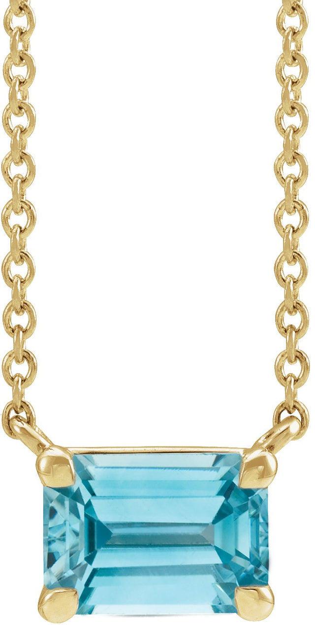 14K Gold Natural Blue Zircon Emerald Claw-Prong Solitaire Necklace - Yellow Gold