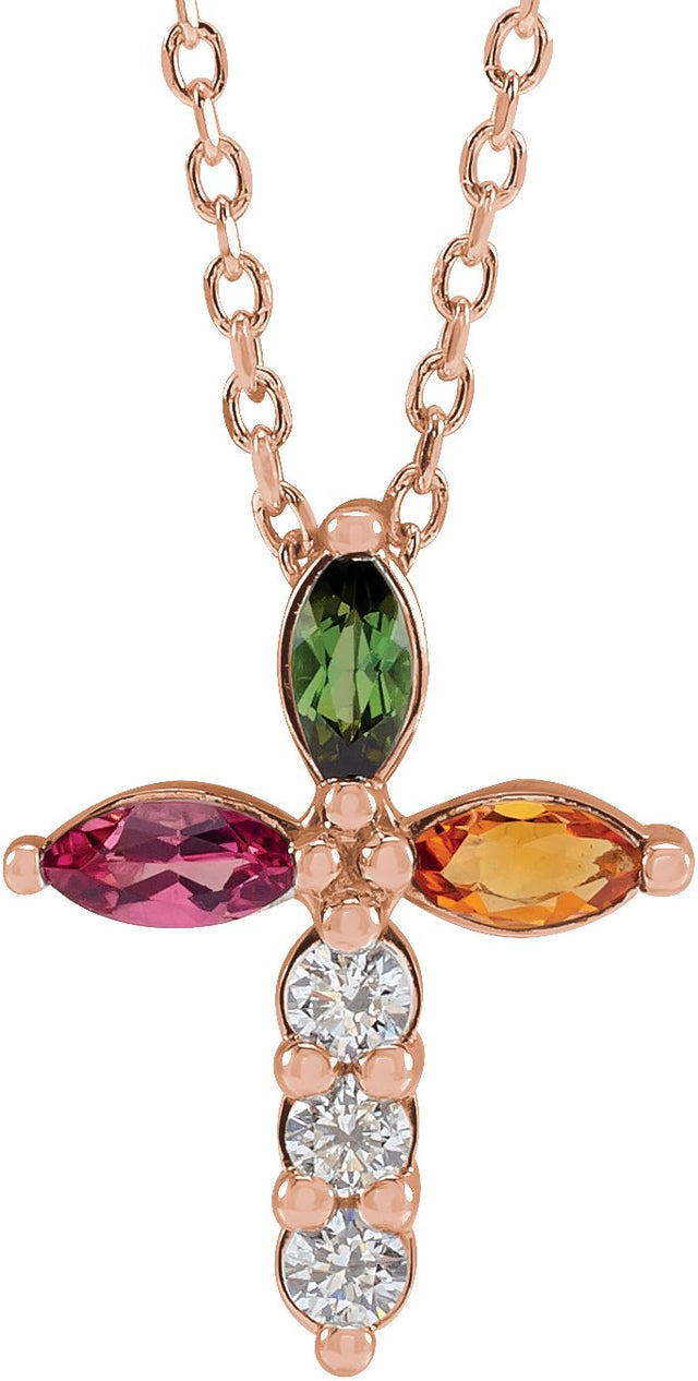 14K Gold Marquise Natural Diamond Cross Necklace or Pendant – 1/10 CTW - Rose Gold