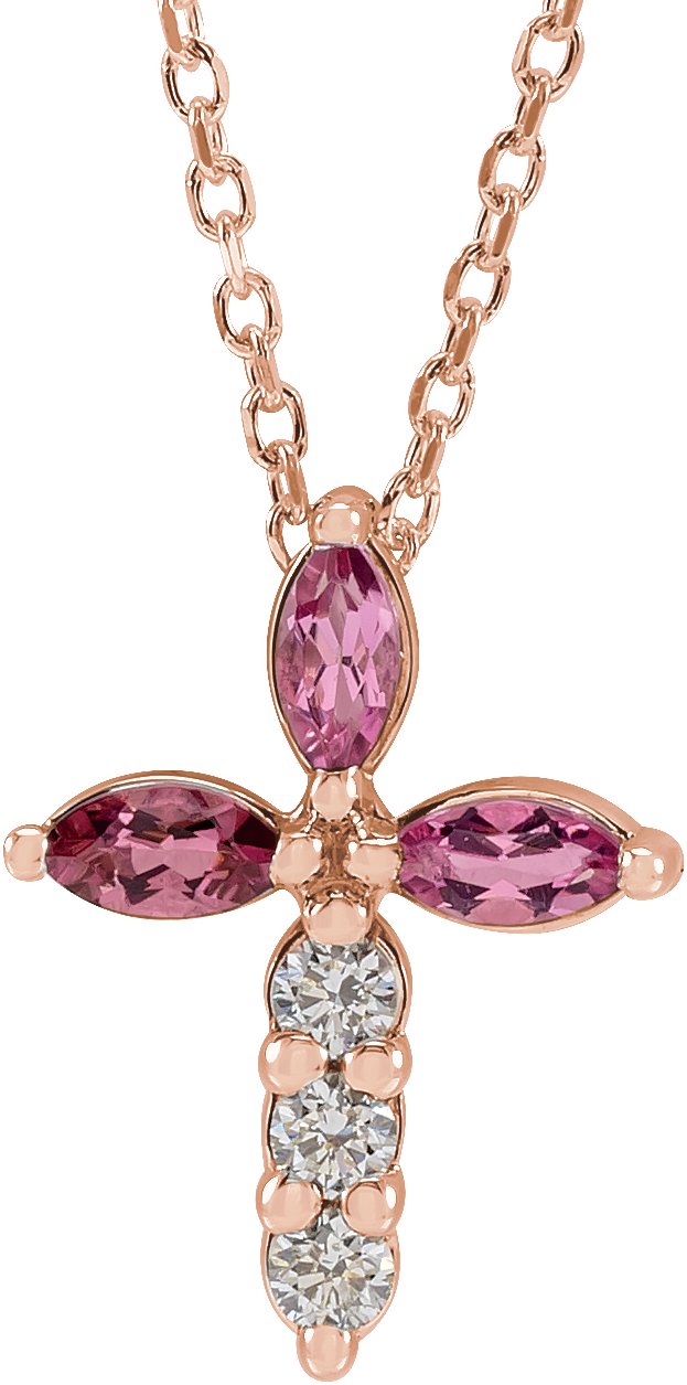 14K Gold Marquise Natural Pink Tourmaline & Natural Diamond Cross Necklace or Pendant - Rose Gold