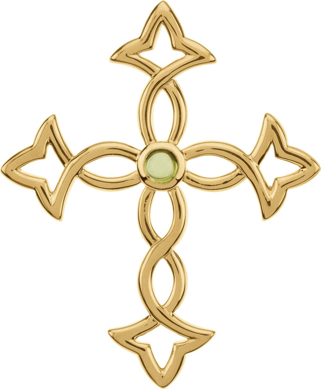 14K Gold Round Natural Peridot Cross Pendant II - Yellow Gold