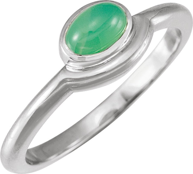 14K Gold Oval Natural Green Chrysoprase Bezel-Set Cabochon Ring - White Gold