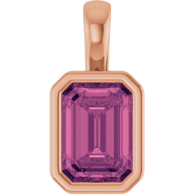 14K Gold Emerald Natural Pink Tourmaline Solitaire Pendant - Rose Gold