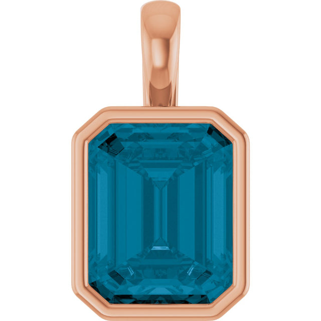 14K Gold Emerald Natural London Blue Topaz Solitaire Pendant - Rose Gold