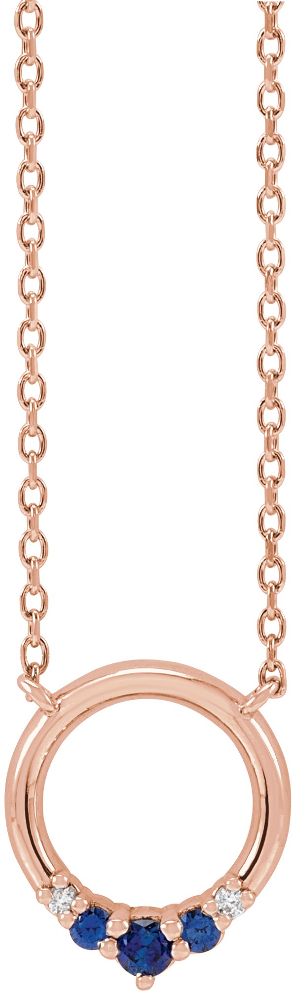 14K Gold Round Natural Blue Sapphire & Natural Diamond Circle Necklace - Rose Gold
