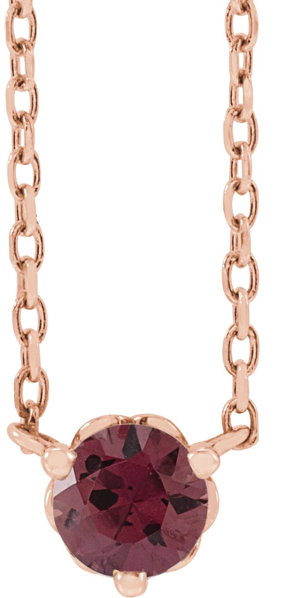 14K Gold Round Natural Rhodolite Garnet Solitaire Necklace - Rose Gold