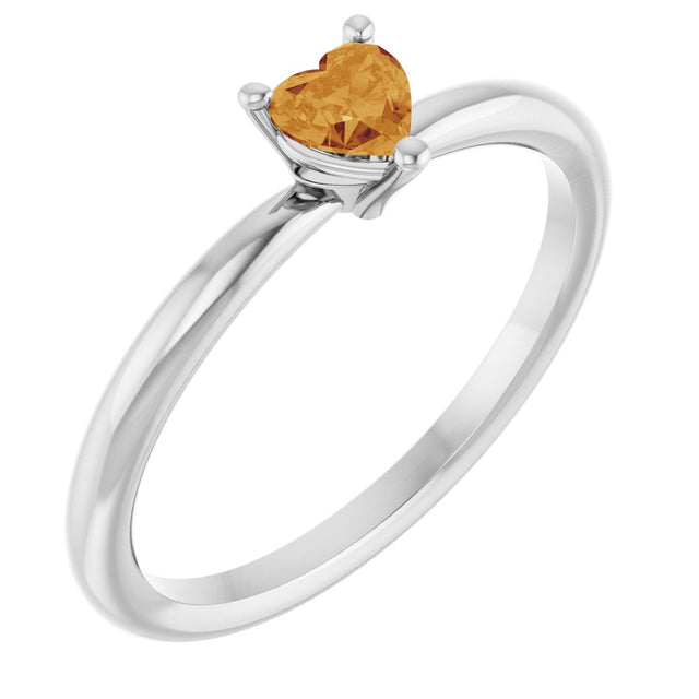 14K Gold Natural Citrine Heart Solitaire Ring - White Gold