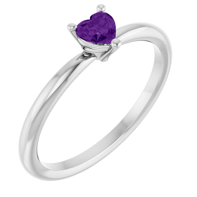 14K Gold Natural Amethyst Heart Solitaire Ring - White Gold