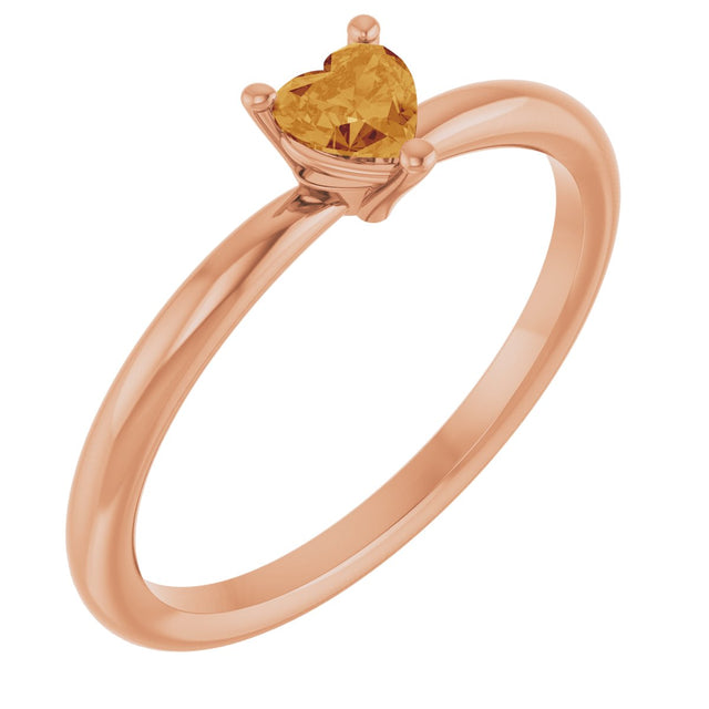 14K Gold Natural Citrine Heart Solitaire Ring - Rose Gold