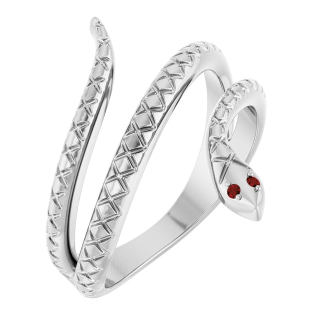 14K Gold Round Natural Mozambique Garnet Snake Ring - White Gold