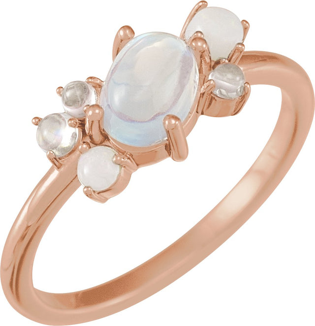 14K Gold Oval Natural Rainbow Moonstone Scattered Cabochon Ring - Rose Gold
