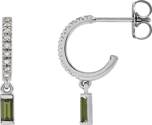 Platinum Straight Baguette Natural Green Tourmaline & Natural Diamond French-Set Dangle Hoop Earrings