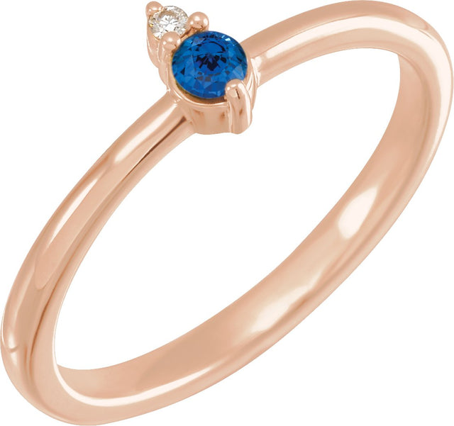 14K Gold Round Natural Blue Sapphire & Natural Diamond Accented Ring – 3mm Stones - Rose Gold