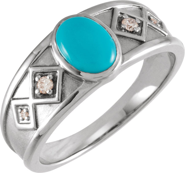 Platinum Oval Natural Turquoise & Natural Diamond Bezel-Set Cabochon Ring
