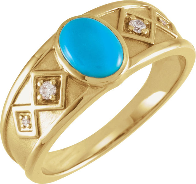 14K Gold Oval Natural Turquoise & Natural Diamond Bezel-Set Cabochon Ring - Yellow Gold