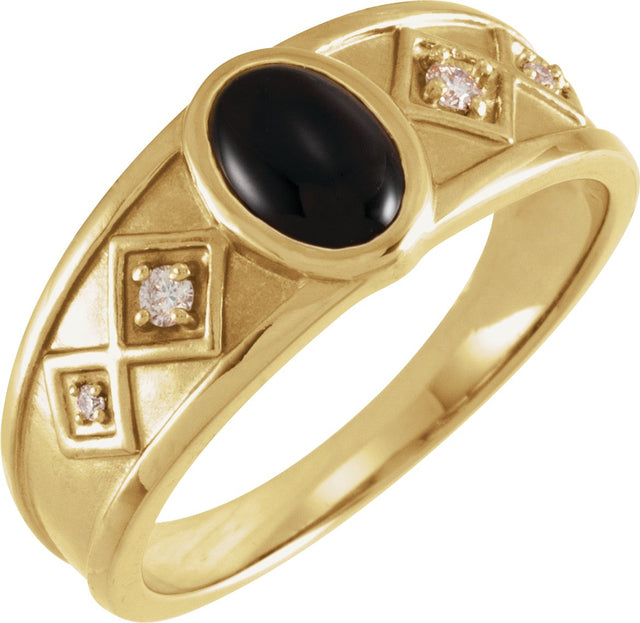 14K Gold Oval Natural Black Onyx & Natural Diamond Bezel-Set Cabochon Ring - Yellow Gold