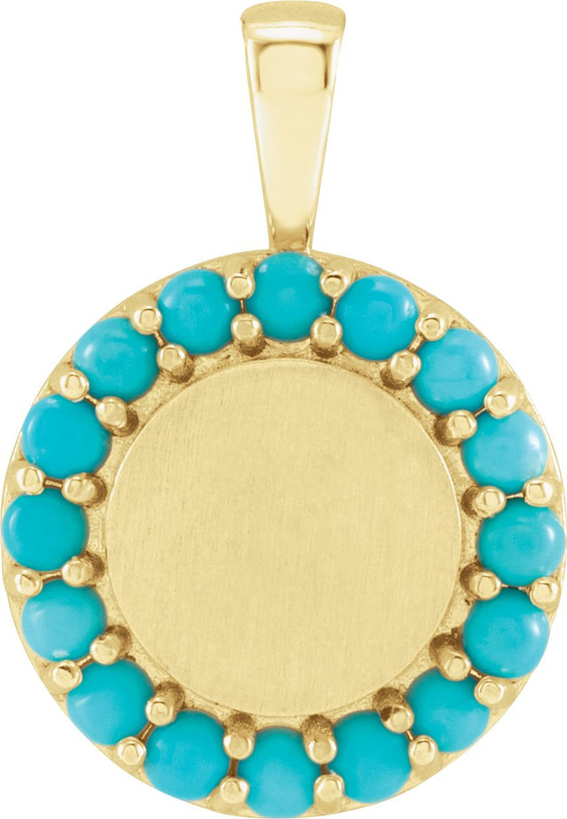 14K Gold Round Natural Turquoise Engravable Halo-Style Necklace or Pendant - Yellow Gold