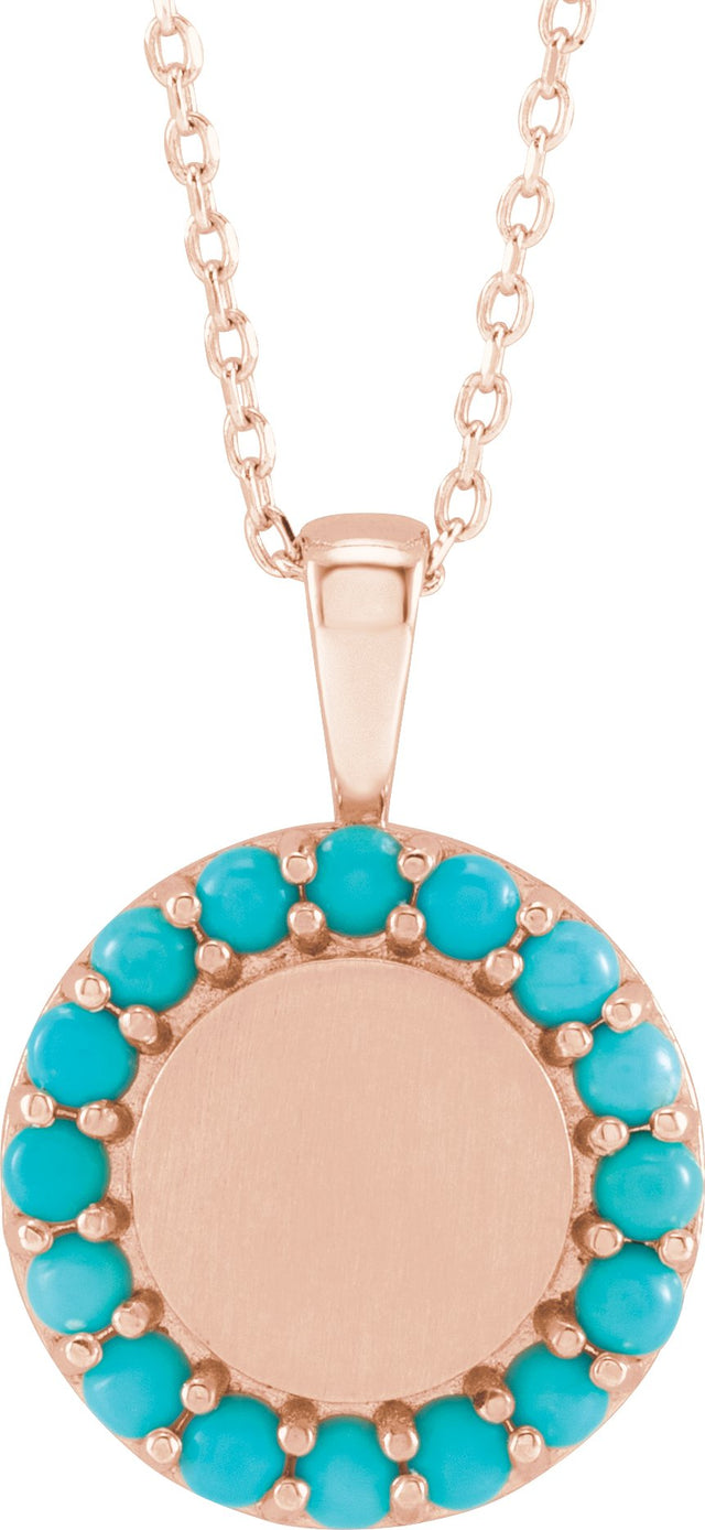 14K Gold Round Natural Turquoise Engravable Halo-Style Necklace or Pendant - Rose Gold