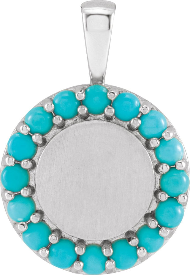 14K Gold Round Natural Turquoise Engravable Halo-Style Necklace or Pendant - White Gold