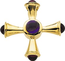 14K Gold Round Natural Amethyst & Natural Ruby Cross Pendant