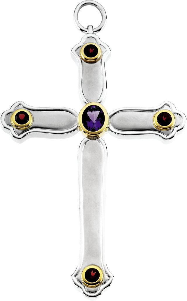 14K Gold Oval Natural Amethyst & Natural Mozambique Garnet Pectoral Cross Pendant