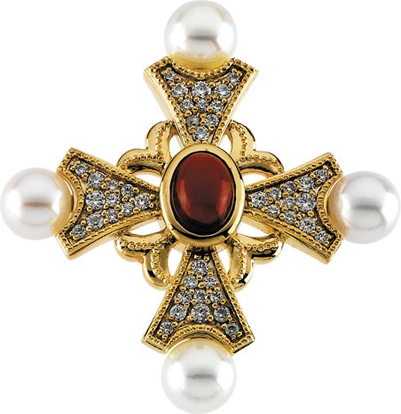 14K Gold Oval Natural Mozambique Garnet & Cultured White Akoya Pearl & Natural Diamond Vintage-Inspired Pearl Cross Pendant