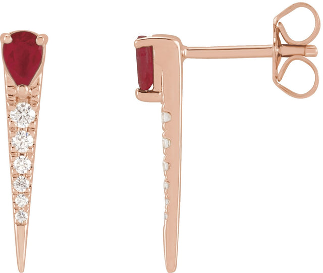 14K Gold Pear Natural Ruby & Natural Diamond Spike Earrings - Rose Gold