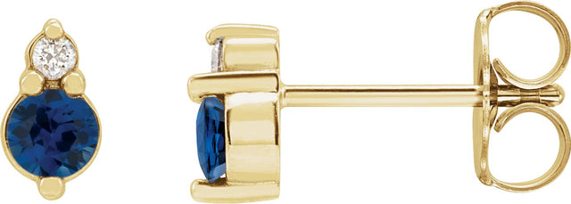 14K Gold Round Natural Blue Sapphire & Natural Diamond Accented Earrings III - Yellow Gold