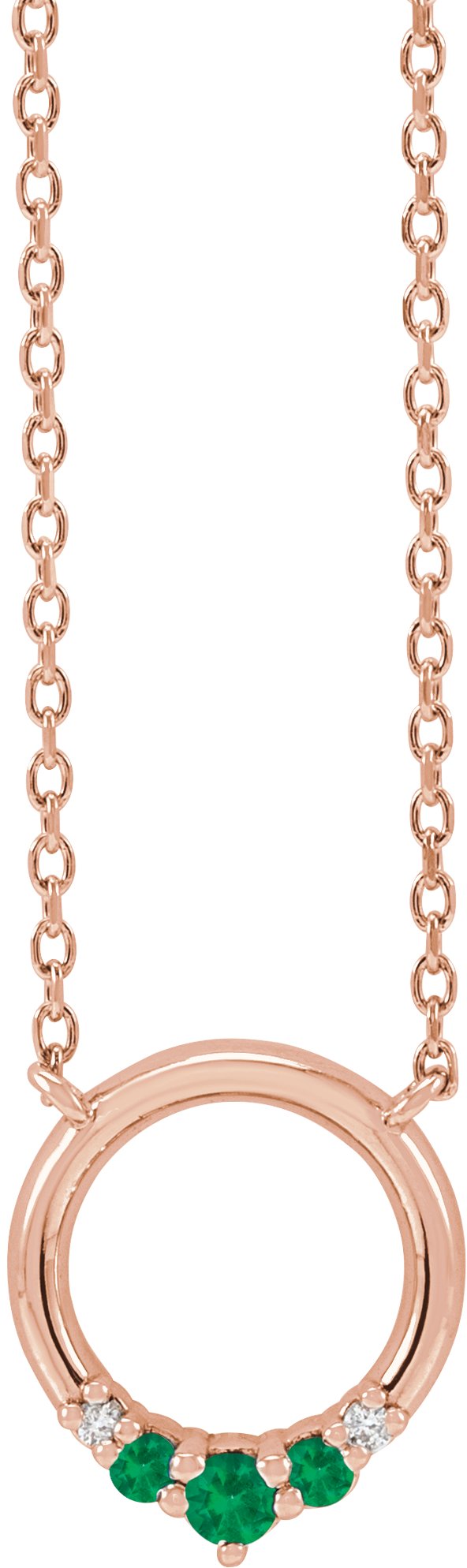 14K Gold Round Natural Emerald & Natural Diamond Circle Necklace - Rose Gold