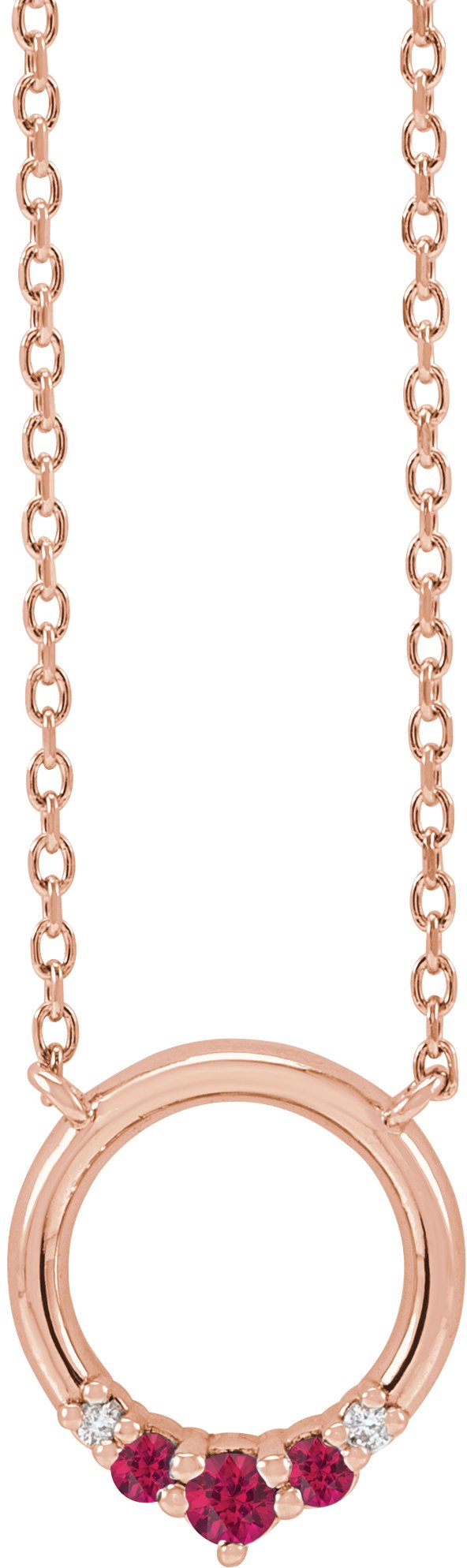 14K Gold Round Natural Ruby & Natural Diamond Circle Necklace - Rose Gold