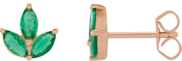 14K Gold Natural Emerald Marquise 2-Prong Cluster Earrings - Rose Gold