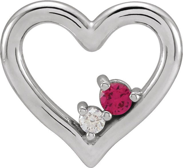 Platinum Round Natural Ruby & Natural Diamond Heart Necklace or Slide Pendant