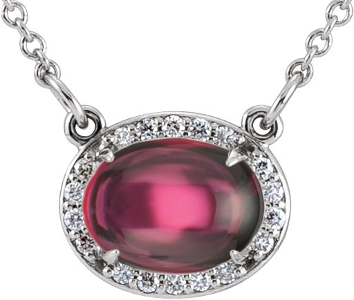 14K Gold Oval Natural Rhodolite Garnet & Natural Diamond Halo-Style Necklace – 0.07 CTW - White Gold