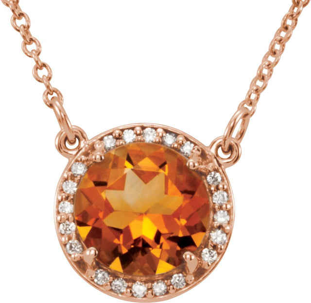 14K Gold Round Natural Citrine & Natural Diamond Halo-Style Necklace - Rose Gold