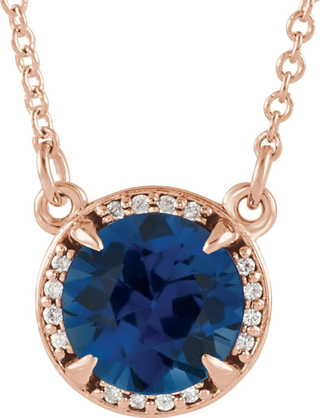 14K Gold Round Lab-Grown Blue Sapphire & Natural Diamond Halo-Style Necklace – 6-8mm Stones - Rose Gold