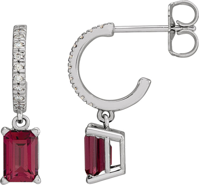 14K Gold Emerald Natural Rhodolite Garnet & Natural Diamond French-Set Dangle Hoop Earrings - White Gold