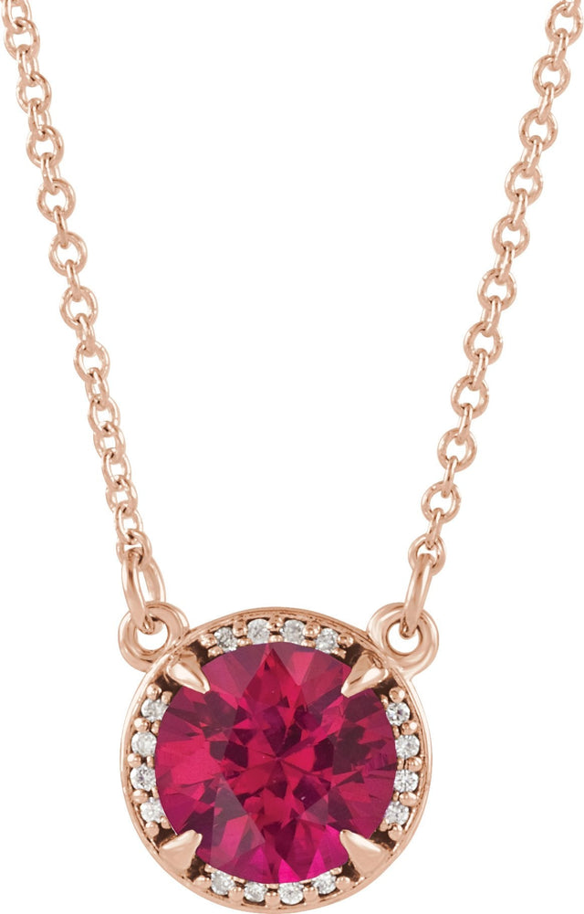 14K Gold Round Lab-Grown Ruby & Natural Diamond Halo-Style Necklace - Rose Gold