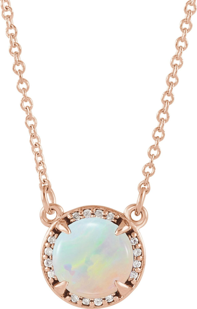 14K Gold Round Natural White Opal & Natural Diamond Halo-Style Necklace - Rose Gold