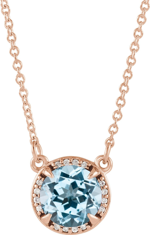 14K Gold Round Natural Sky Blue Topaz & Natural Diamond Halo-Style Necklace – 6-8mm Stones - Rose Gold
