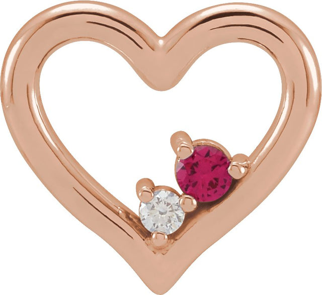 14K Gold Round Natural Ruby & Natural Diamond Heart Necklace or Slide Pendant - Rose Gold