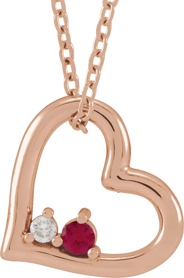14K Gold Round Natural Ruby & Natural Diamond Heart Necklace or Slide Pendant - Rose Gold