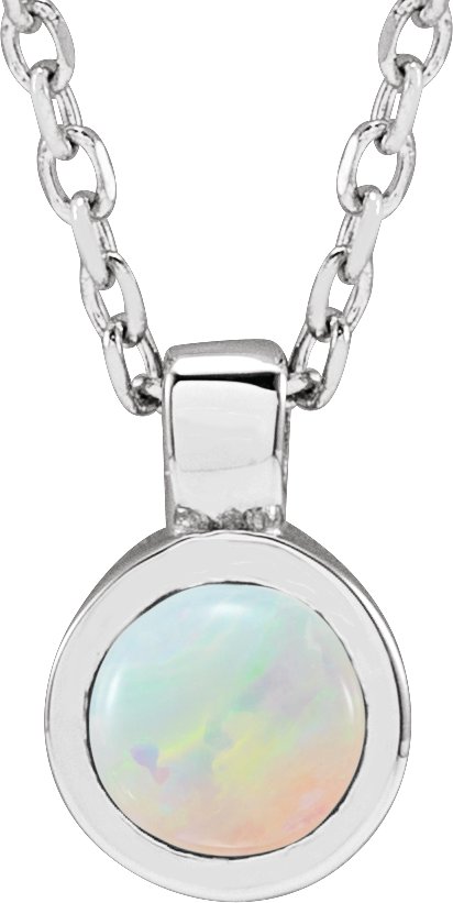 Platinum Round Natural White Opal Bezel-Set Necklace or Pendant