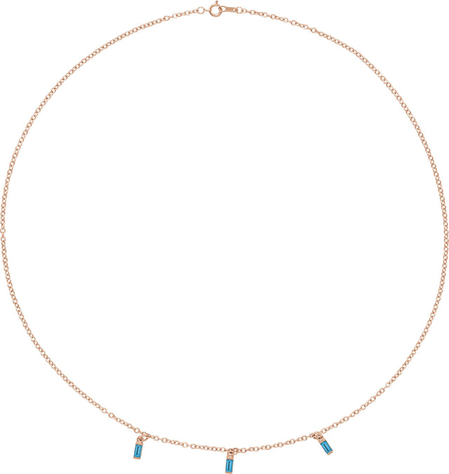 14K Gold Straight Baguette Natural Swiss Blue Topaz Articulated Baguette Necklace - Rose Gold