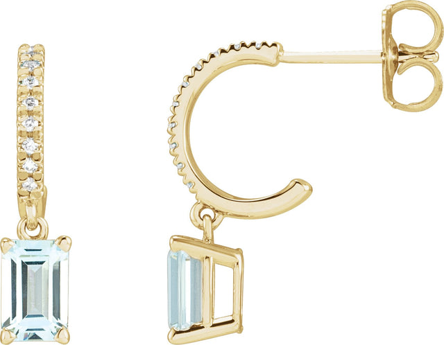 14K Gold Emerald Natural Sky Blue Topaz & Natural Diamond French-Set Dangle Hoop Earrings - Yellow Gold