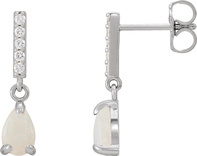 Platinum Pear Natural White Opal & Natural Diamond Accented Cabochon Earrings