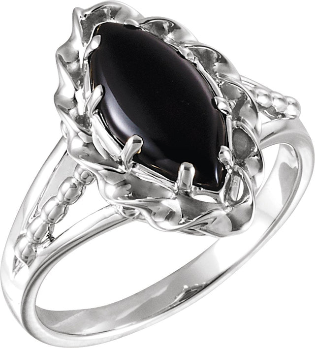 14K Gold Marquise Natural Onyx Cabochon Ring - White Gold