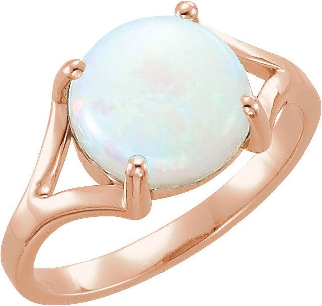 14K Gold Round Natural White Opal Cabochon Ring - Rose Gold