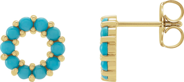 14K Gold Round Natural Turquoise Halo-Style Cabochon Earrings - Yellow Gold