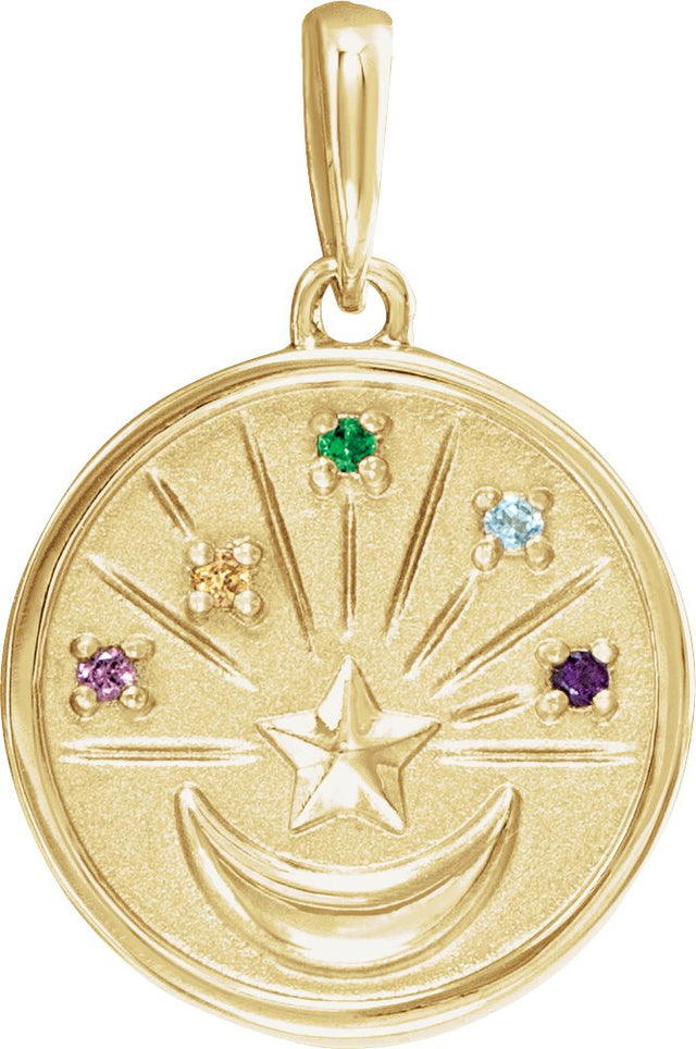 14K Gold Round Natural Multi-Gemstone Moon & Star Necklace or Pendant - Yellow Gold