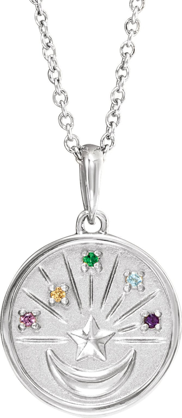 Platinum Round Natural Multi-Gemstone Moon & Star Necklace or Pendant