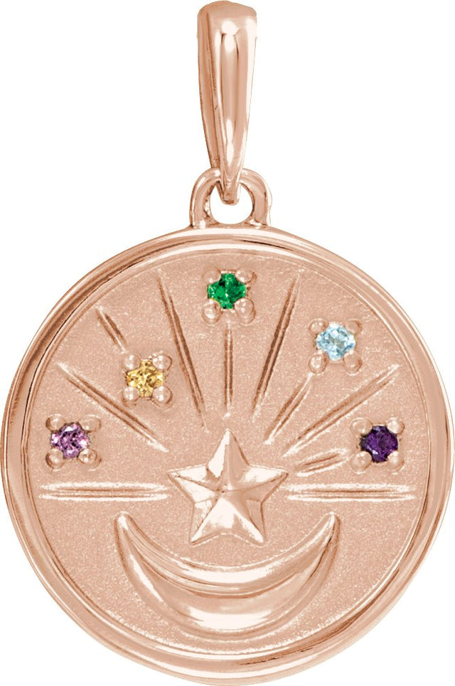 14K Gold Round Natural Multi-Gemstone Moon & Star Necklace or Pendant - Rose Gold